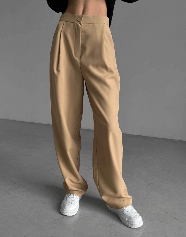 Текстильні брюки прямого крою, бежеві - Фото 1