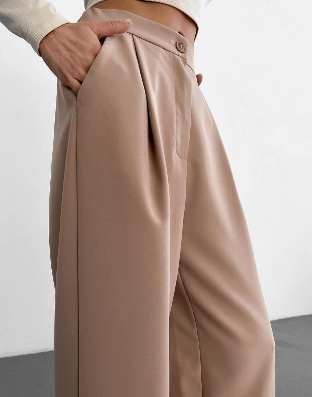 Текстильні брюки прямого крою, бежево-пудрові - Фото 5