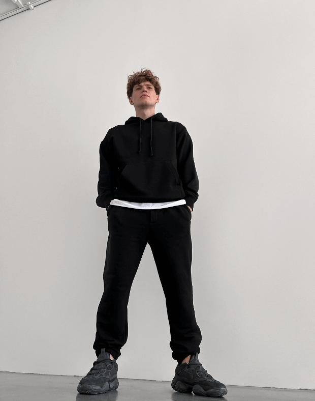 Комплект чоловічий весняний худі з кишенею та джогери зі шнурком, чорні - Фото 8