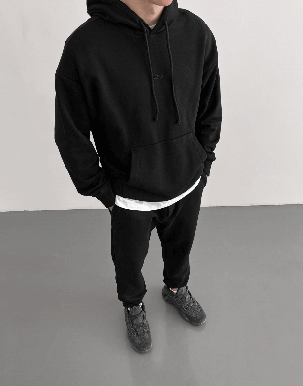 Комплект чоловічий весняний худі з кишенею та джогери зі шнурком, чорні - Фото 7