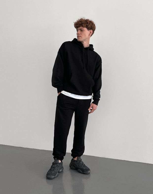 Комплект чоловічий весняний худі з кишенею та джогери зі шнурком, чорні - Фото 4