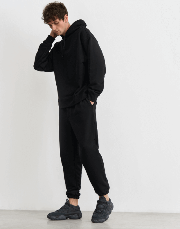 Комплект чоловічий весняний худі та джогери зі шнурком, чорні - Фото 3