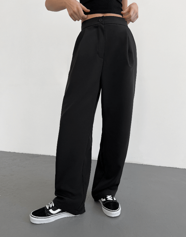 Текстильні брюки прямого крою, чорні - Фото 1