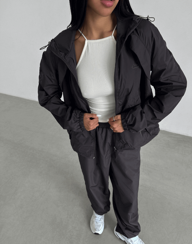 Куртка оверсайз з капюшоном з плащової тканини на блискавці, теплий графіт - Фото 3