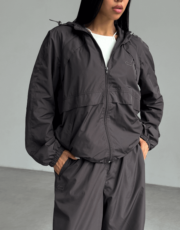 Куртка оверсайз з капюшоном з плащової тканини на блискавці, теплий графіт - Фото 1