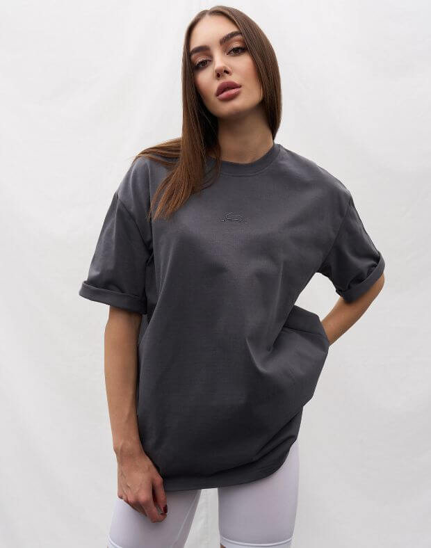 T-shirt oversize wykonany z super gęstej bawełny, grafit - Фото 4