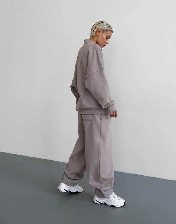 Комплект світшот із коміром та штани осінні прямого фасону з декоративними защіпами, сіро-фіолетові - Фото 2