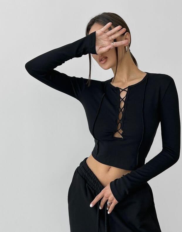 Лонгслів зі шнурівкою, чорний - Фото 4