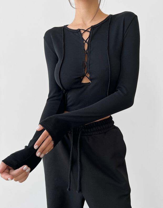 Лонгслів зі шнурівкою, чорний - Фото 6