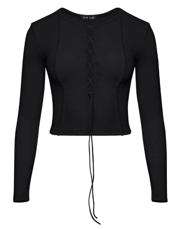 Лонгслів зі шнурівкою, чорний - Фото 7