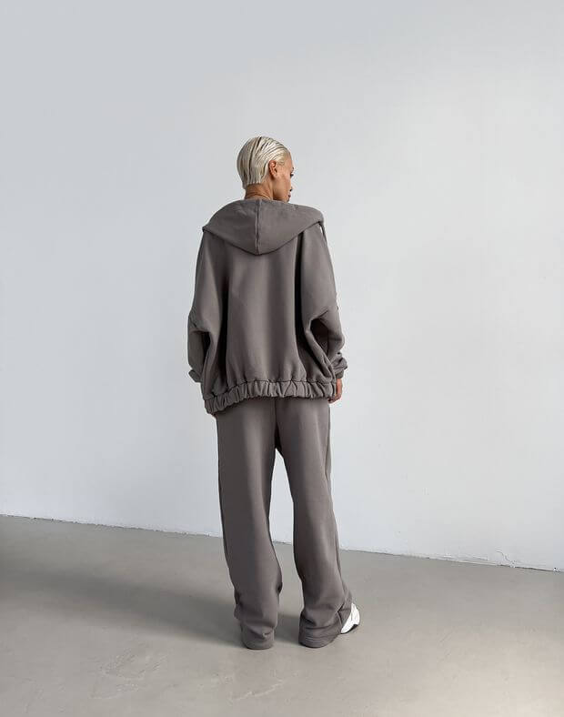 Комплект худі з широким манжетом знизу та штани осінні прямого фасону, сірі - Фото 2