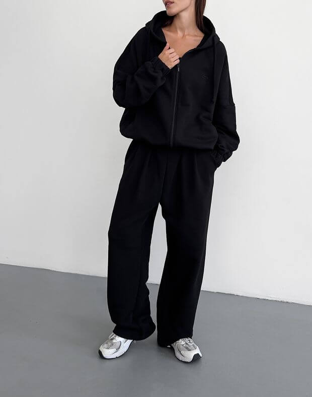 Комплект худі з широким манжетом знизу та штани осінні прямого фасону, чорні - Фото 1