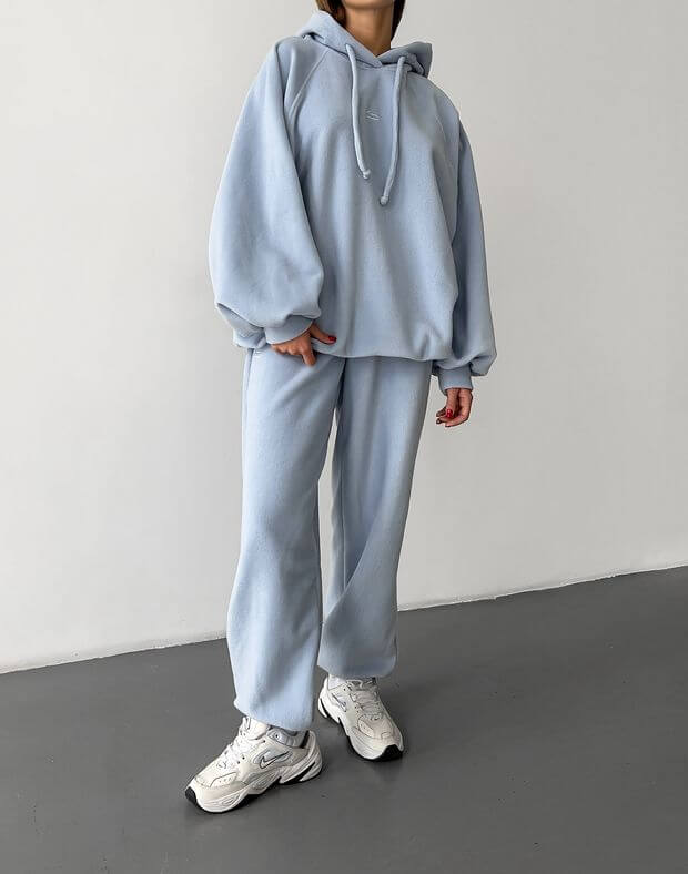 Комплект худі супер оверсайз зимовий та штани-джогери на тонкому поясі з флісу, блакитно-сірі - Фото 1
