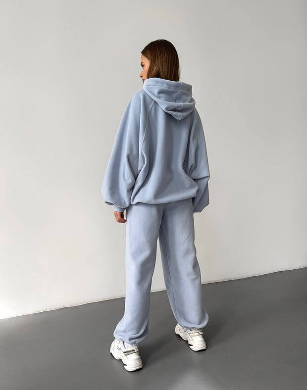 Комплект худі супер оверсайз зимовий та штани-джогери на тонкому поясі з флісу, блакитно-сірі - Фото 2