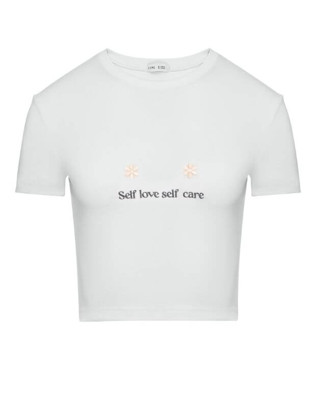 Футболка піжамна з вишитими квітками та написом "Self love”, шампань - Фото 7