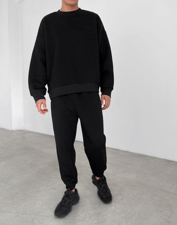 Комплект чоловічий зимовий світшот супер оверсайз та джогери класичні з тканини з начосом, чорні - Фото 1