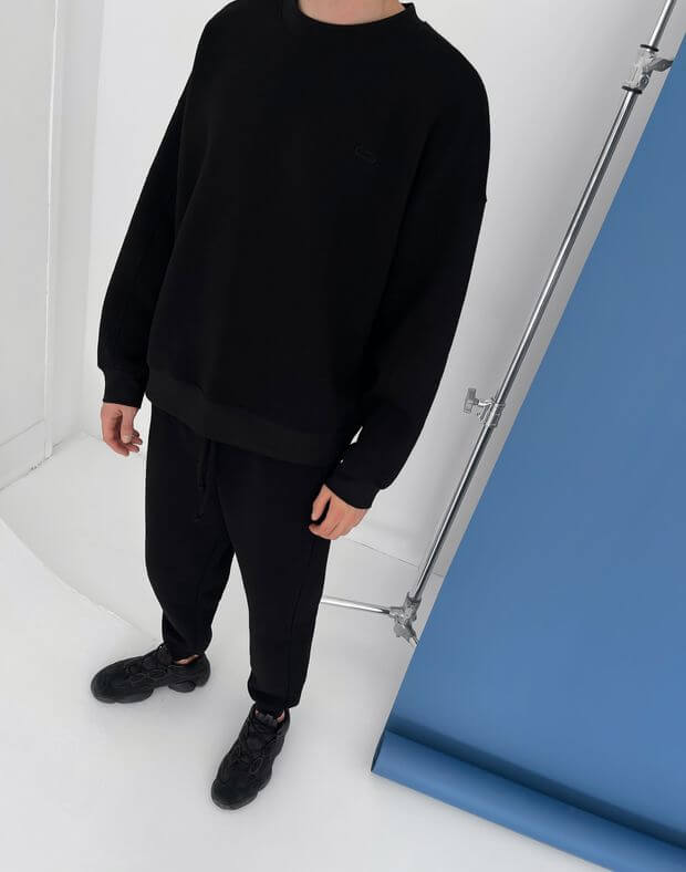 Комплект чоловічий зимовий світшот супер оверсайз та джогери класичні з тканини з начосом, чорні - Фото 5