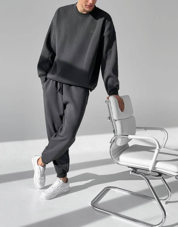 Комплект чоловічий зимовий світшот супер оверсайз та джогери класичні з тканини з начосом, графітово-смарагдові - Фото 8