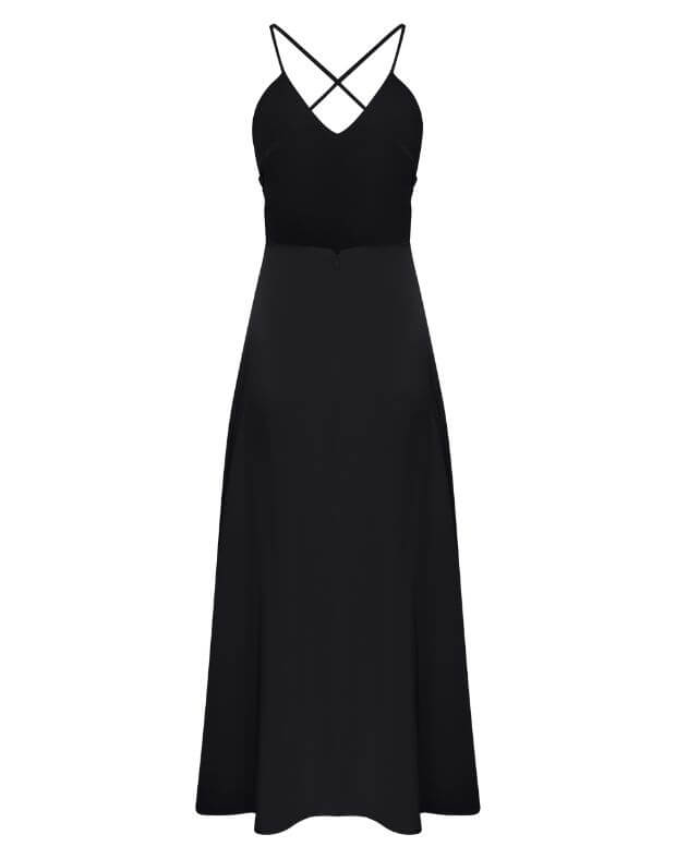 Сукня сатинова максі з декольте трикутної форми, чорна - Фото 7