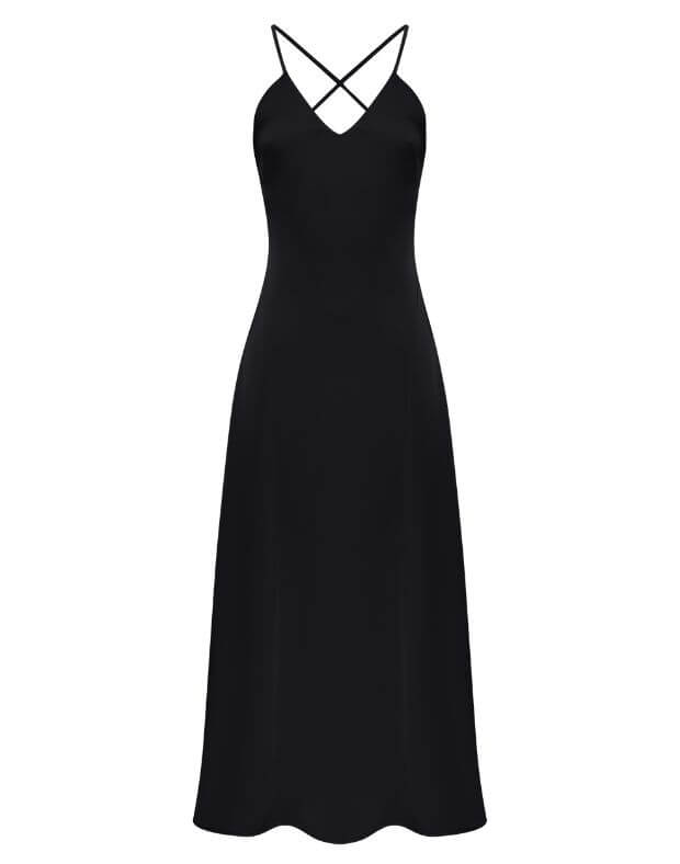 Сукня сатинова максі з декольте трикутної форми, чорна - Фото 6