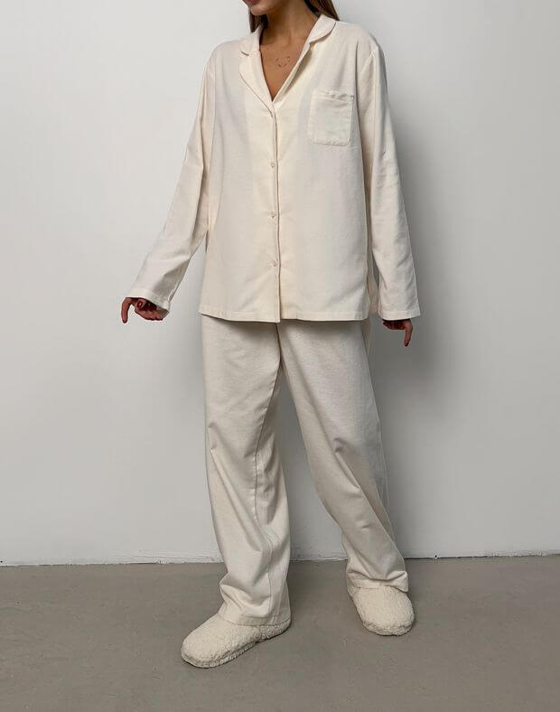 Комплект піжамний байковий сорочка з довгим рукавом та штани, молочні - Фото 1