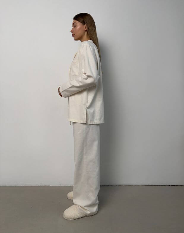 Комплект піжамний байковий сорочка з довгим рукавом та штани, молочні - Фото 5