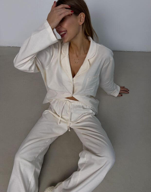 Комплект піжамний байковий сорочка з довгим рукавом та штани, молочні - Фото 4
