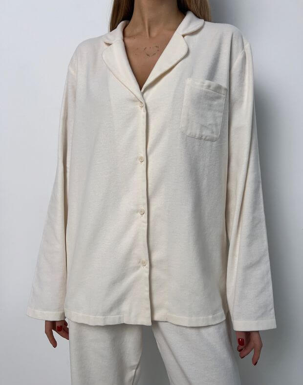 Сорочка піжамна байкова з довгим рукавом, молочна - Фото 1