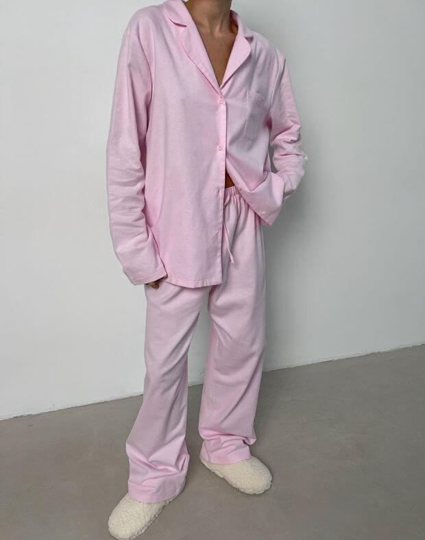 Комплект піжамний байковий сорочка з довгим рукавом та штани, рожеві - Фото 1