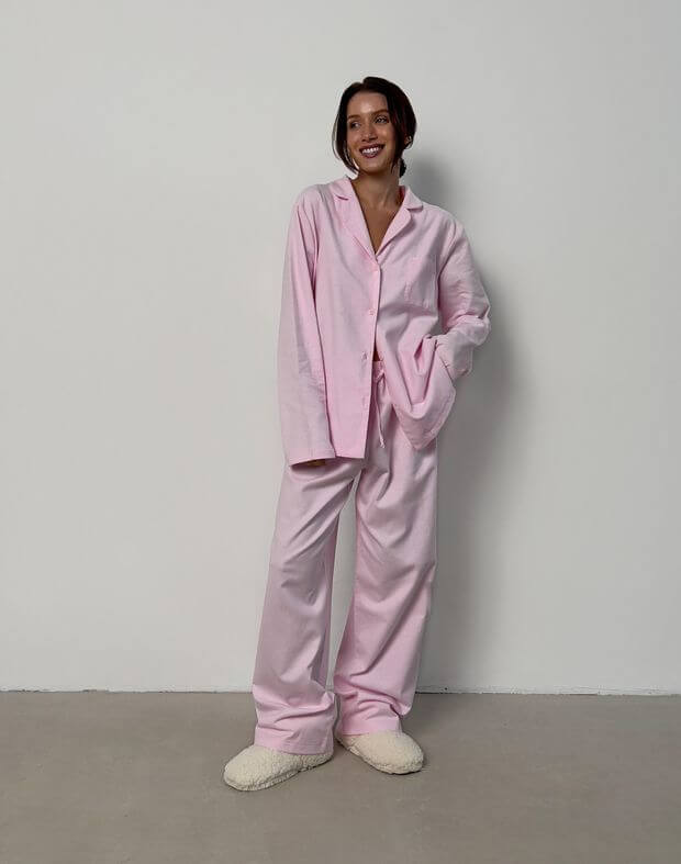 Комплект піжамний байковий сорочка з довгим рукавом та штани, рожеві - Фото 6