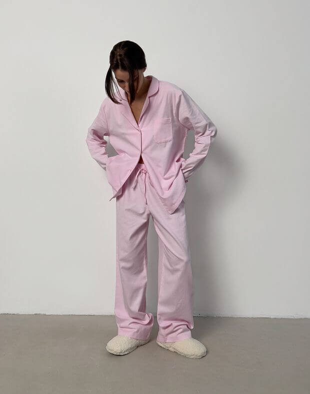 Комплект піжамний байковий сорочка з довгим рукавом та штани, рожеві - Фото 3