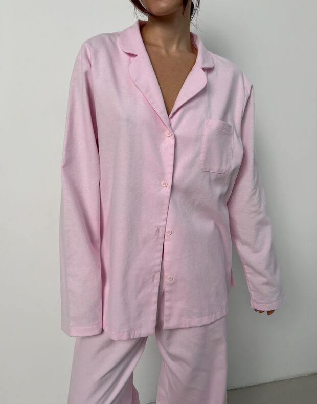 Сорочка піжамна байкова з довгим рукавом, рожева - Фото 1