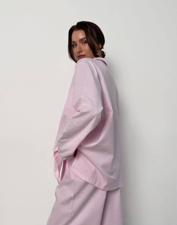 Сорочка піжамна байкова з довгим рукавом, рожева - Фото 2