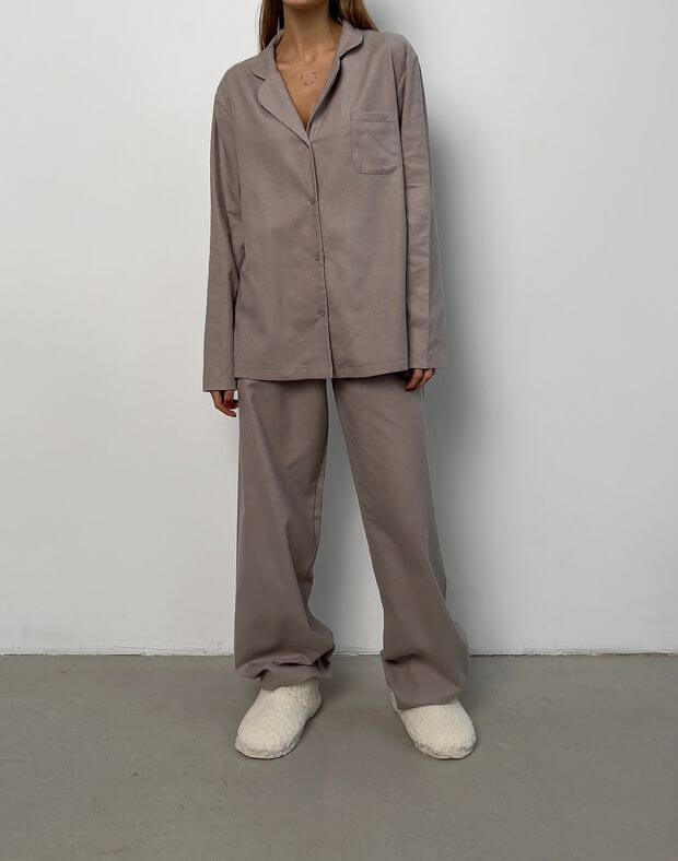Комплект піжамний байковий сорочка з довгим рукавом та штани, сіро-кавові - Фото 6