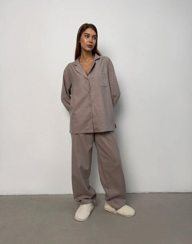 Комплект піжамний байковий сорочка з довгим рукавом та штани, сіро-кавові - Фото 3