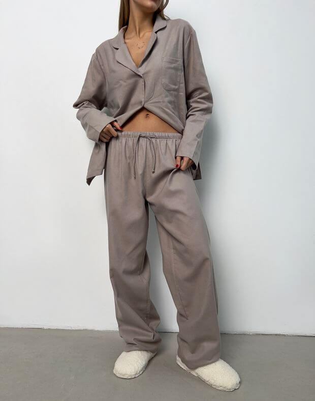 Комплект піжамний байковий сорочка з довгим рукавом та штани, сіро-кавові - Фото 4