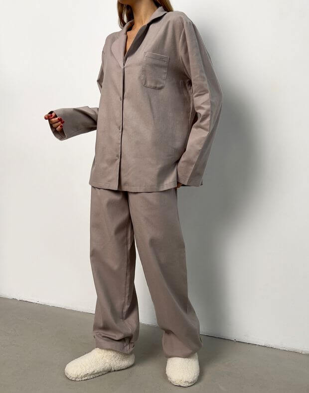 Комплект піжамний байковий сорочка з довгим рукавом та штани, сіро-кавові - Фото 1