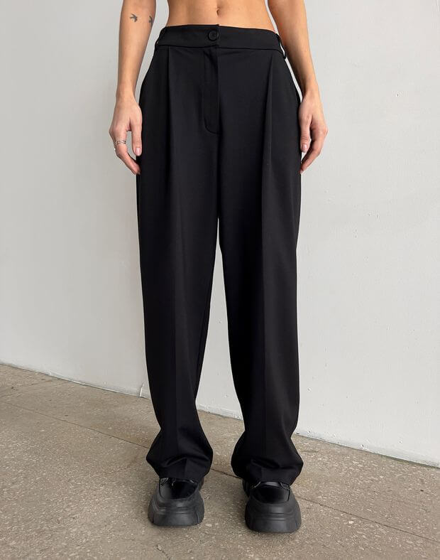 Spodnie basic, jednokolorowe, ze średnim stanem, czarny - Фото 3