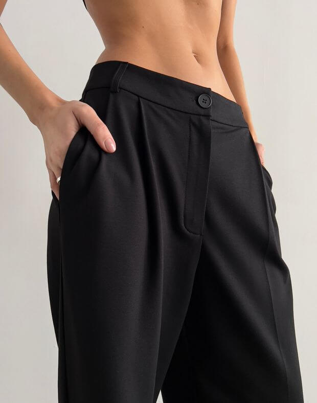 Spodnie basic, jednokolorowe, ze średnim stanem, czarny - Фото 5