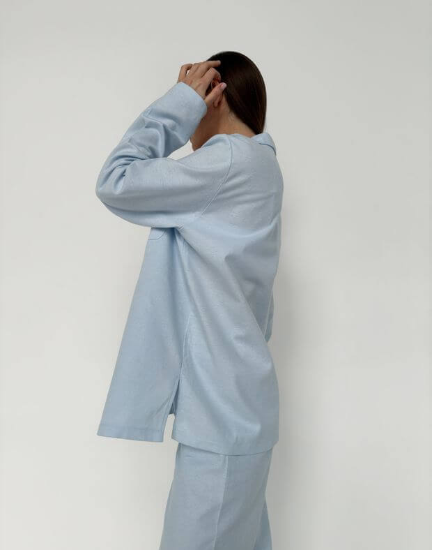 Комплект піжамний байковий сорочка з довгим рукавом та штани, синьо-блакитні - Фото 2