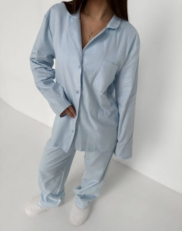 Комплект піжамний байковий сорочка з довгим рукавом та штани, синьо-блакитні - Фото 8