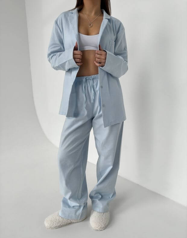 Комплект піжамний байковий сорочка з довгим рукавом та штани, синьо-блакитні - Фото 1