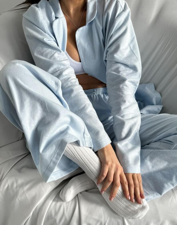 Комплект піжамний байковий сорочка з довгим рукавом та штани, синьо-блакитні - Фото 7