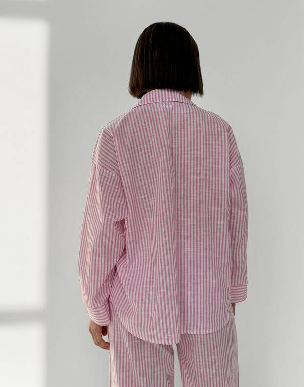 Комплект піжамний сорочка та штани вільного крою, білі в рожеву смужку - Фото 2