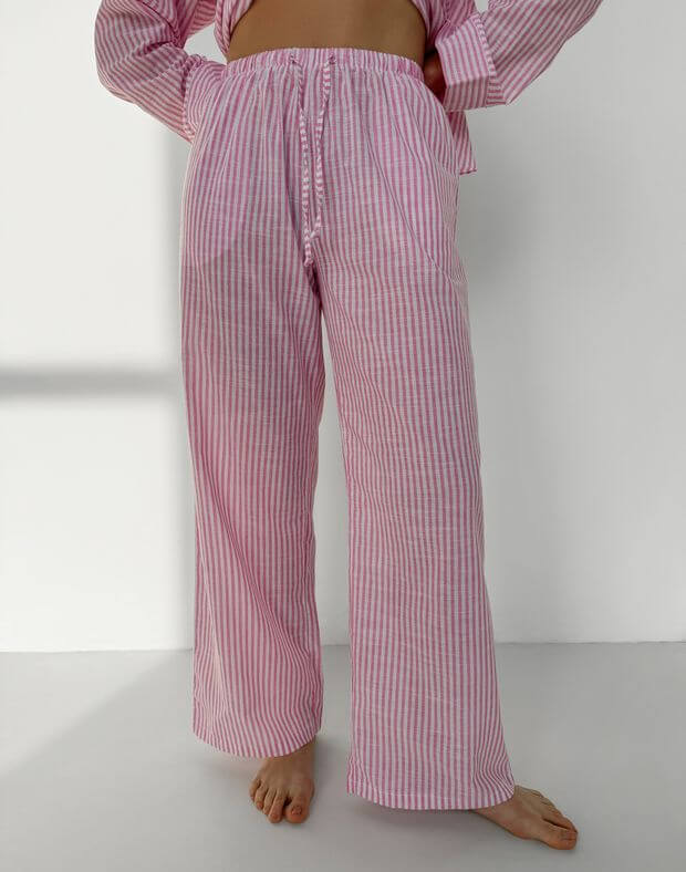 Штани піжамні вільного крою, білі в рожеву смужку - Фото 5