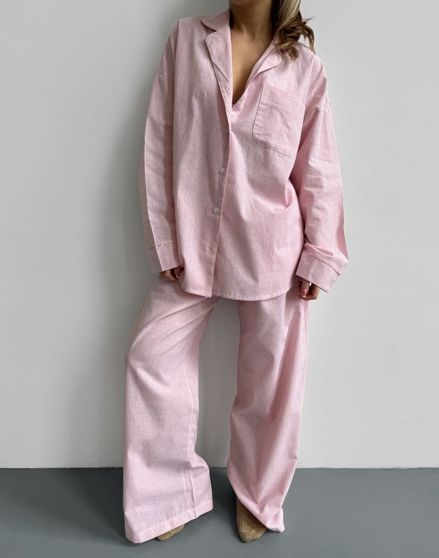Комплект піжамний сорочка та штани вільного крою, білі в рожеву вузьку смужку - Фото 1