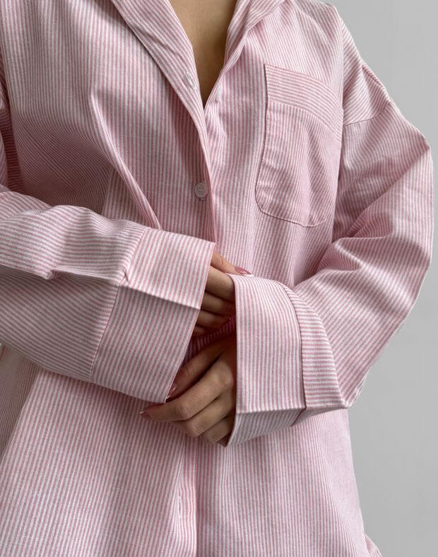 Koszula od piżamy o swobodnym kroju, biały w różowe wąskie paski - Фото 5