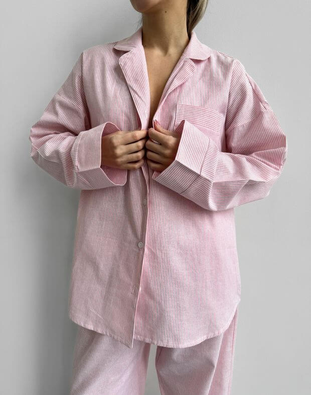 Піжамна сорочка вільного крою, біла в рожеву вузьку смужку - Фото 6