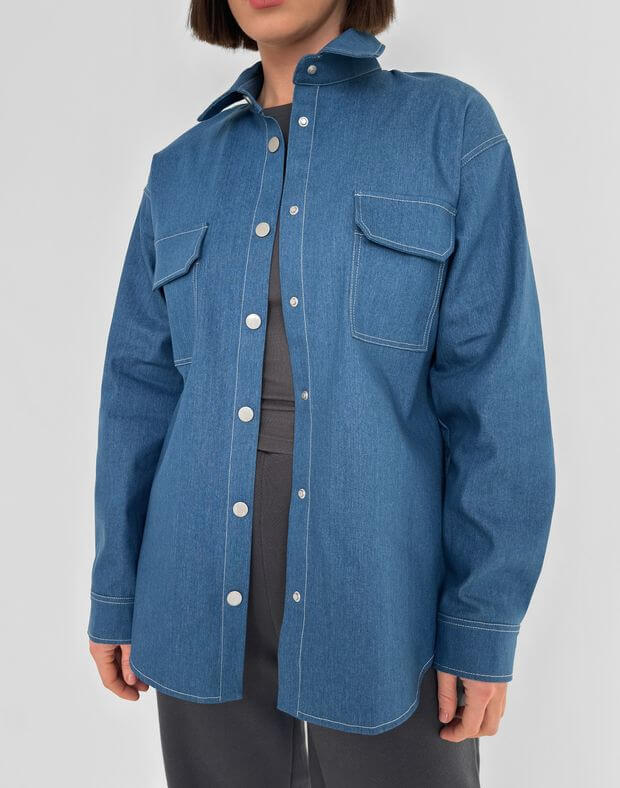 Koszula dżinsowa oversize z kieszeniami, błękitny - Фото 1