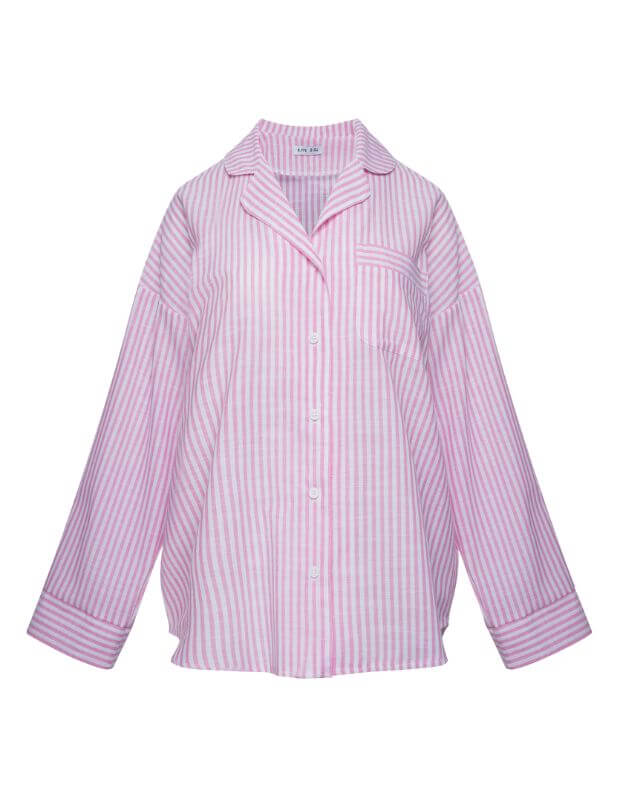 Піжамна сорочка вільного крою, біла в рожеву смужку - Фото 6